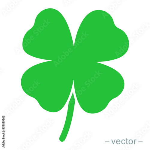 Green shamrock clover vector icon. Shamrock clover isolated, flat decorative element. Solid icon style. Logo illustration.