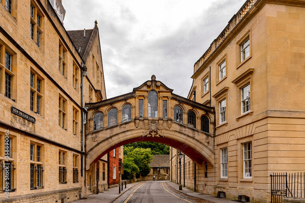Bridge of Sighs at Hertford College, Oxford, England. Oxford is known as the home of the University of Oxford