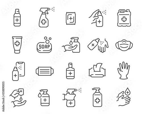 Antiseptics and Antivirus Protection Icon Set. Collection of linear simple web icons such as Anti-Virus Protection  Disposable Gloves and Masks  Soap  Wet Antibacterial Wipes  Antiseptic  Hand and
