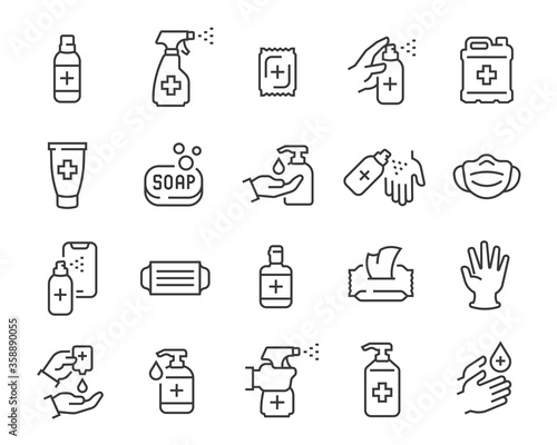 Antiseptics and Antivirus Protection Icon Set. Collection of linear simple web icons such as Anti-Virus Protection, Disposable Gloves and Masks, Soap, Wet Antibacterial Wipes, Antiseptic, Hand and