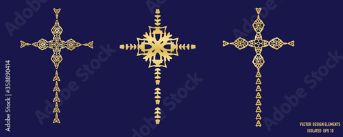 Gold metallic cross design element icon. Isolated decorative faith symbol motif.  Ornate decorated shiny metal effect. Collection Set 