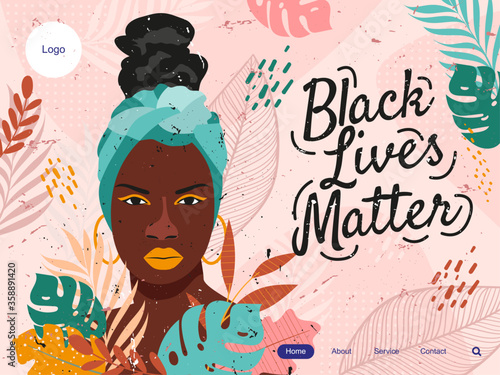 black lives matter landing page with black woman. BLACK LIVES MATTER. The social problems of racism. 