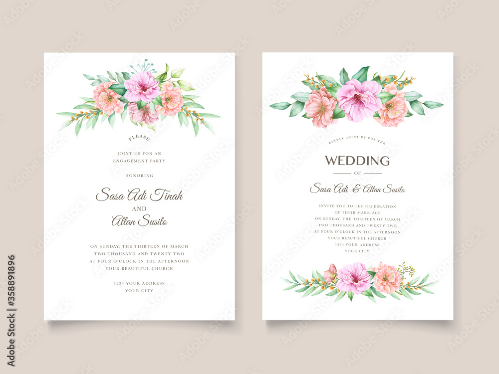 wedding invitation card with floral and leaves