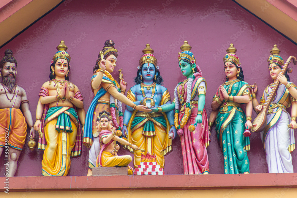 SINGAPORE, SINGAPORE - MARCH 10, 2018: Hindu deities images at Sri Vadapathira Kaliamman Temple in the Little India of SIngapore.