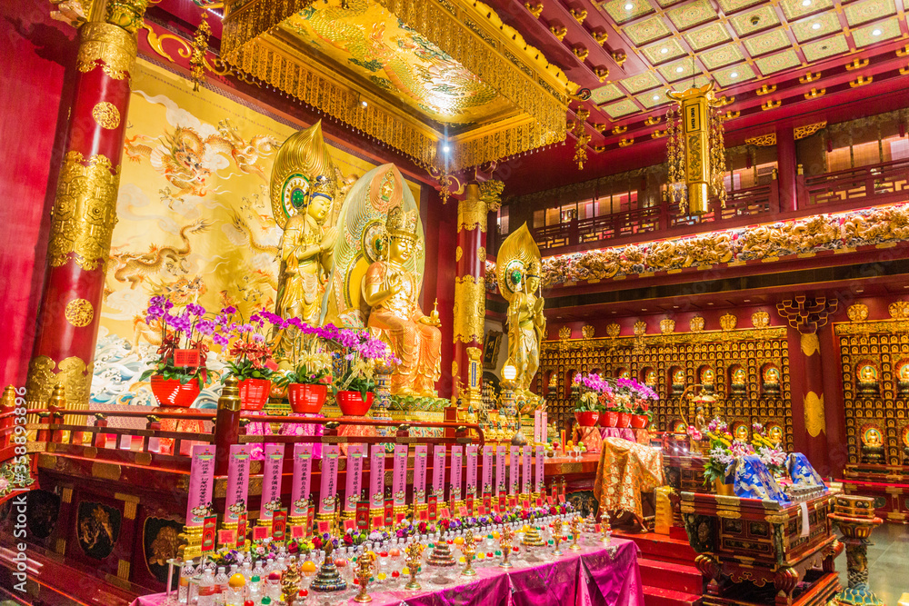 SINGAPORE, SINGAPORE - MARCH 12, 2018: Interior of the Buddha Tooth Relic Temple in the Chinatown of Singapore