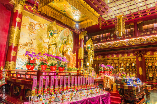 SINGAPORE, SINGAPORE - MARCH 12, 2018: Interior of the Buddha Tooth Relic Temple in the Chinatown of Singapore