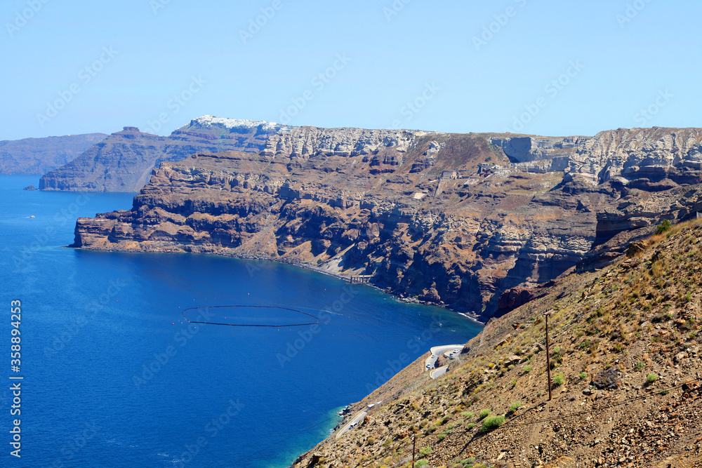 A view of the coastline from Thira in Santorini, Greece.

