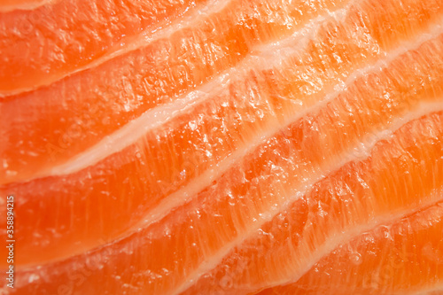 Foods rich in protein and selenium, expensive seafood and lean meat concept with full frame macro close up picture of a fresh pink with white stripes salmon slice