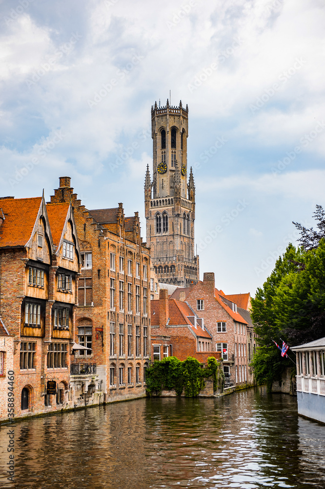 It's Belfry from the Rozenhoedkaai, Historic Centre of Bruges, Belgium. part of the UNESCO World Heritage site