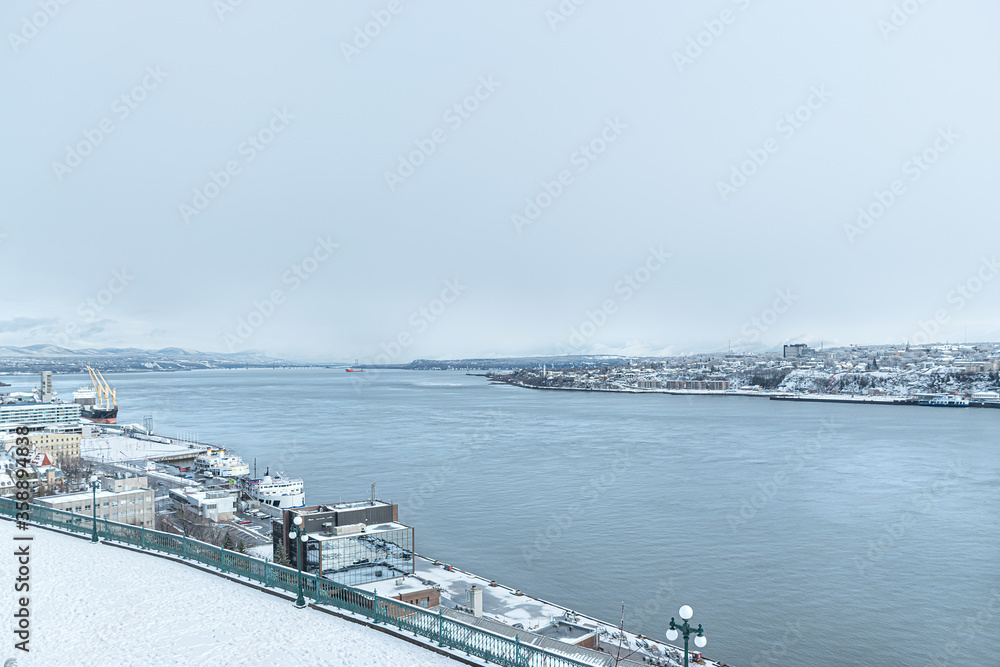 winter in the city of Quebec,  St. Lawerence river view with cold weather