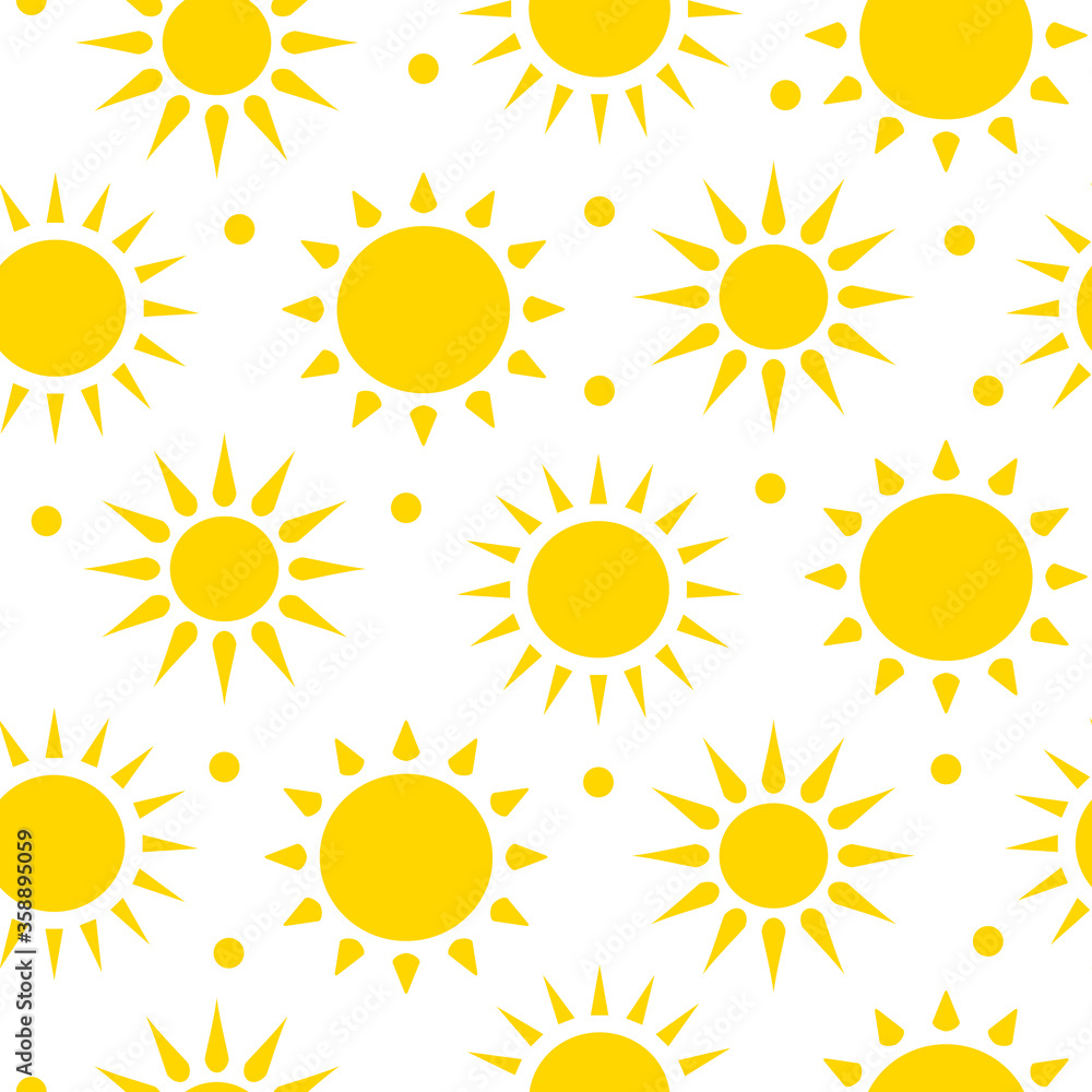 Sunshine seamless pattern. Sun with rays limitless white background with yellow flat cartoon summer sign. Repeat ornament for decorative paper wrap, fabric, print, wallpaper decor. Vector illustration