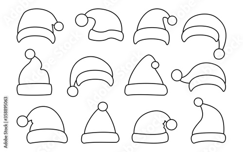Santa Clause hat, Christmas flat line set. Xmas Santa winter hats black linear. New Year cartoon holiday traditional caps. Festive design element collection. Isolated on white vector illustration