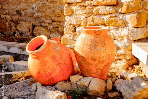 Two old vases in the Old town of Nesebar, Bulgaria, Bulgarian Black Sea Coast. UNESCO World Heritage Site