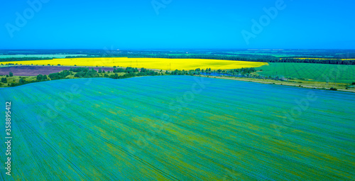 Aerial photo, multi-colored fields of yellow-blooming rapeseed, blue flax and green wheat stretch to the horizon.