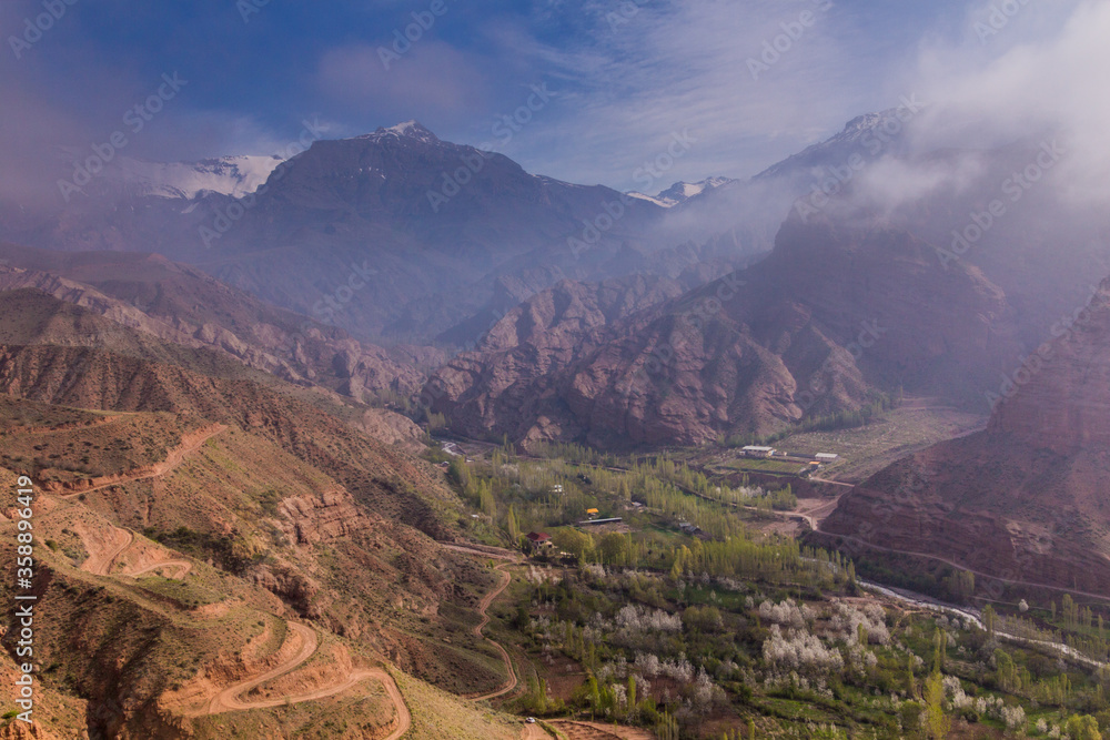 Misty view of Alamut valley in Iran