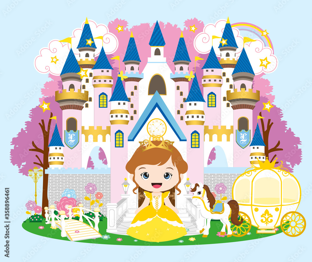 Fairy Tale castle and Beautiful princess in yellow dress