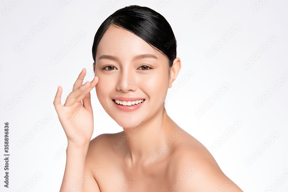 Beautiful Young asian Woman touching her clean face with fresh Healthy Skin, isolated on white background, Beauty Cosmetics and Facial treatment Concept Beautiful Young asian Woman touching her clean face with fresh Healthy Skin, isolated on white background, Beauty Cosmetics and Facial treatment Concept