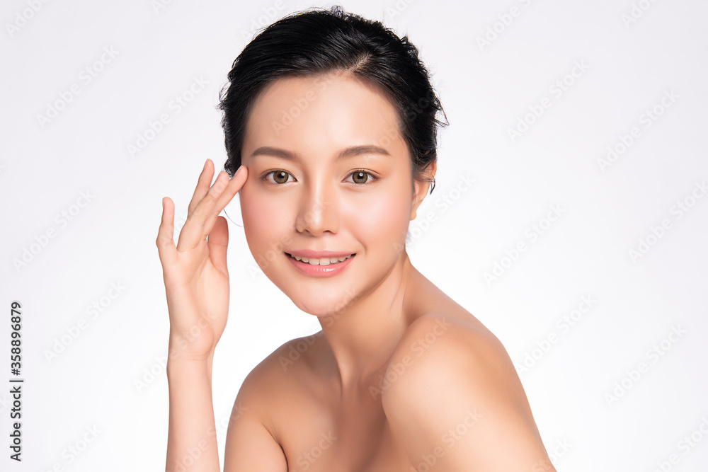 Beautiful Young asian Woman touching her clean face with fresh Healthy Skin, isolated on white background, Beauty Cosmetics and Facial treatment Concept Beautiful Young asian Woman touching her clean face with fresh Healthy Skin, isolated on white background, Beauty Cosmetics and Facial treatment Concept
