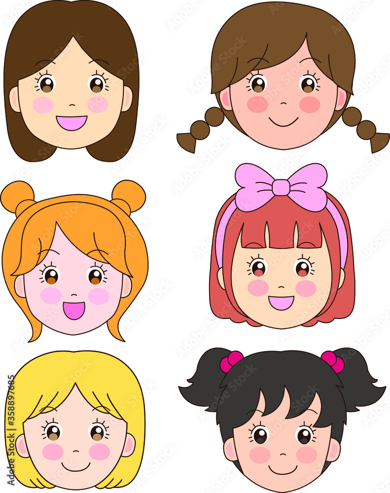 Set of cute girls with different hairstyles and colour vector illustration isolated Set of cute girls with different hairstyles and colour vector illustration isolated