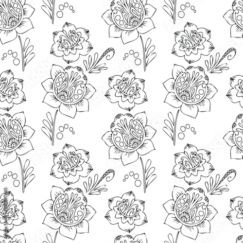 Seamless decorative flower pattern. Black and white outline drawing. Vector image.