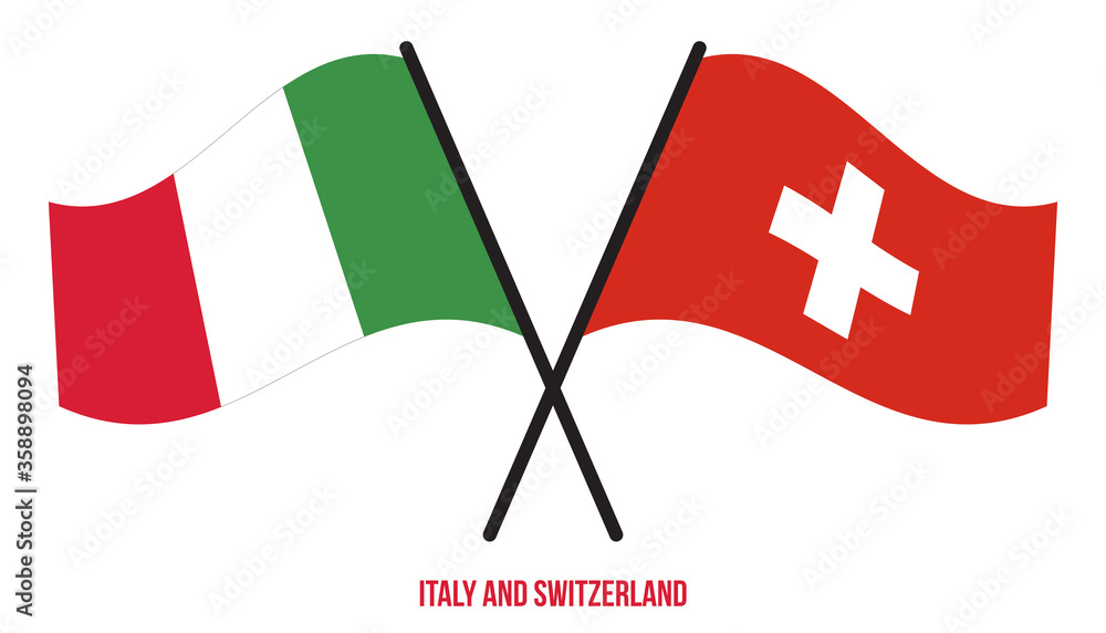 Italy and Switzerland Flags Crossed And Waving Flat Style. Official Proportion. Correct Colors.