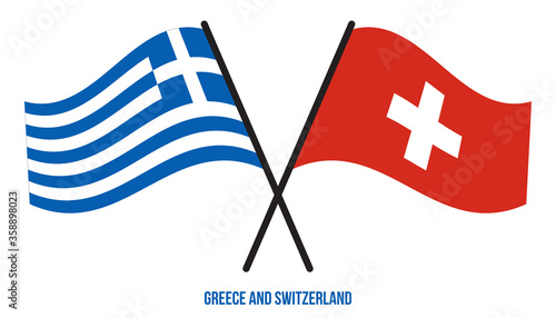 Greece and Switzerland Flags Crossed And Waving Flat Style. Official Proportion. Correct Colors.