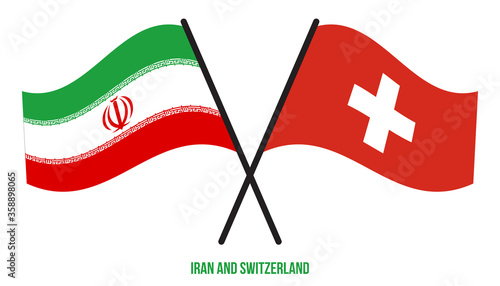 Iran and Switzerland Flags Crossed And Waving Flat Style. Official Proportion. Correct Colors.