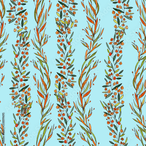 seamless pattern vertical stripes of branches with narrow leaves and orange flowers on a turquoise background