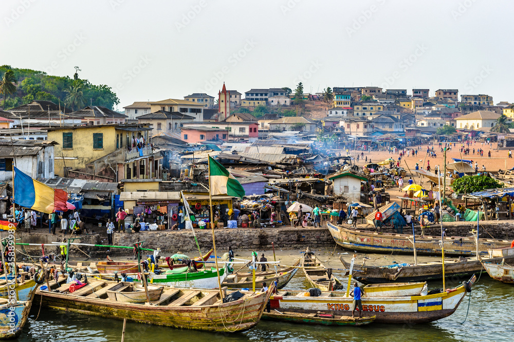 It's Port full of people in Ghana, Africa