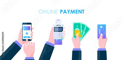 Businessman hand holding cash, smart phone, money and credit card for online payment concept, Cashless society, Online Mobile Banking and Internet banking flat design.