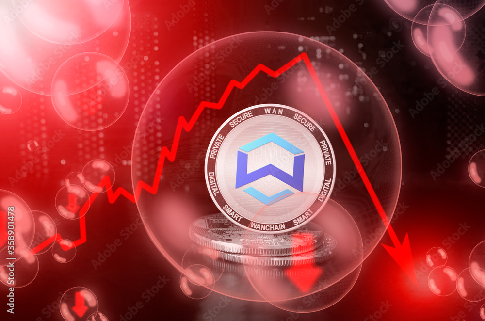 Wanchain WAN coin in a soap bubble. Risks and dangers of investing to Wanchain cryptocurrency. Collapse of the exchange rate. Unstable concept. Down drop crash bubble