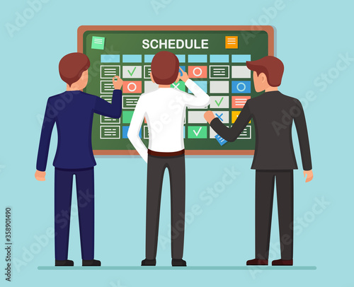 Planning schedule on task board concept. Planner, calendar on whiteboard. List of event for employee. Teamwork, collaboration, business time management concept. Vector flat design