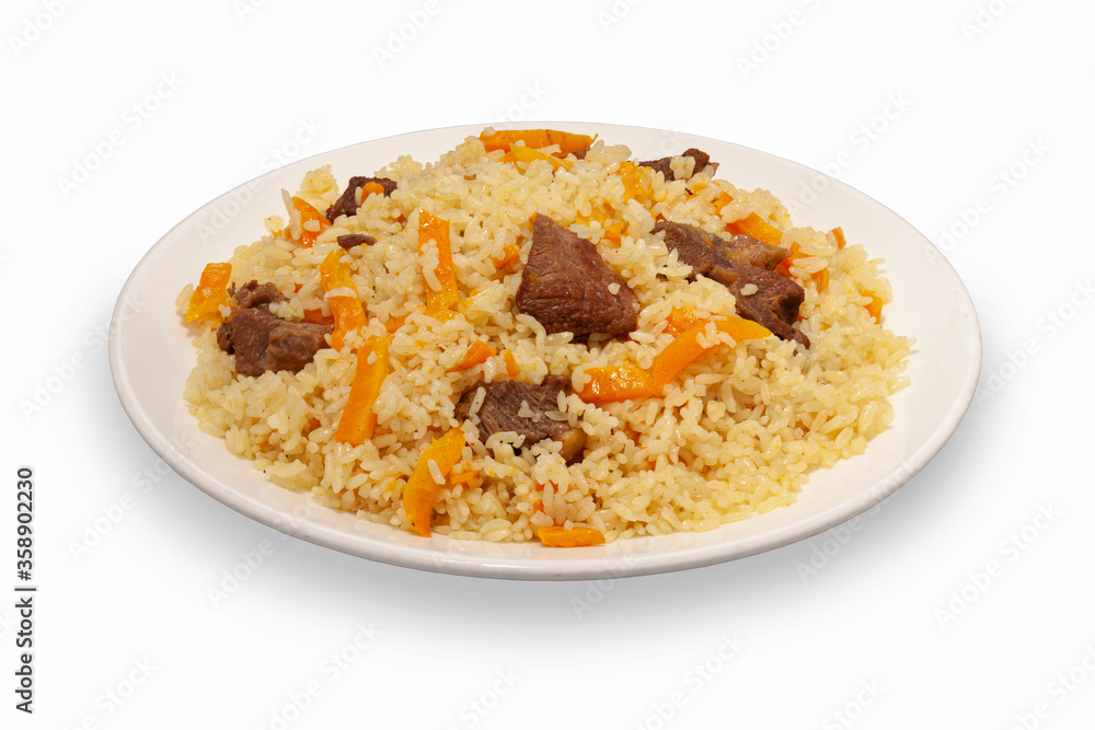 Uzbek pilaf on a white plate Uzbek pilaf on a white plate