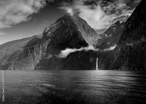 Milford sound New Zealand black and white