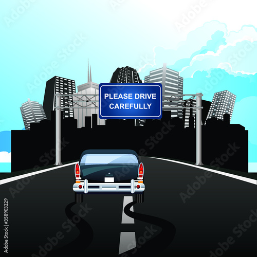 Please drive carefully road overhead gantry sign with car skidding uncontrollably across the highway
