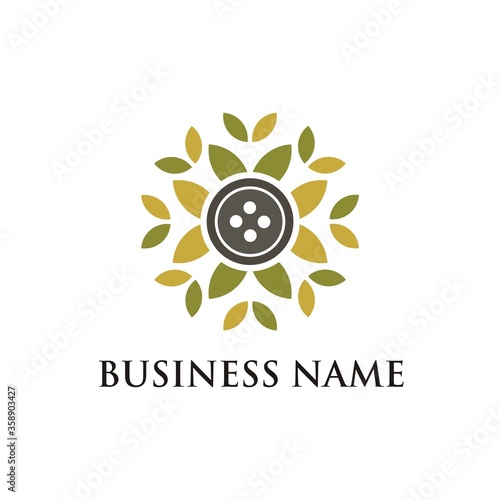 Button with Green Leaves Logo Design 