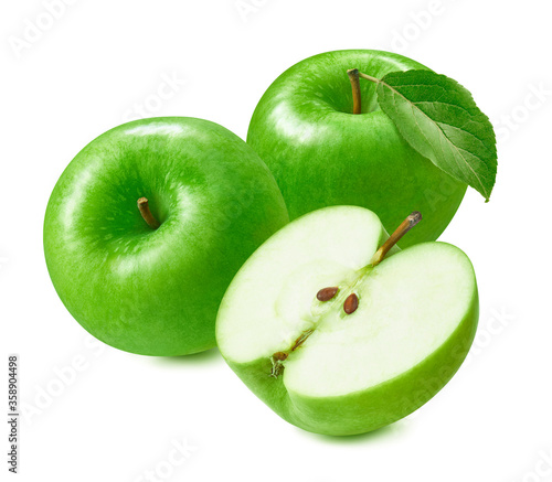 Green apples isolated on white background. Granny Smith cultivar. Package design element with clipping path