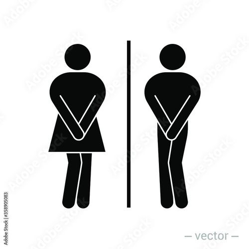 Girls and boys restroom pictograms. Funny toilet couple signing, desperate pee woman man wc icons, fun bathroom door signs, humor public washroom urgent vector silhouettes