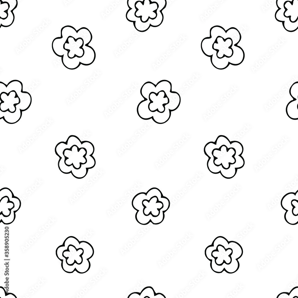 Black and white floral background. Vector seamless pattern of simple flowers. Black and white floral background. Vector seamless pattern of simple flowers.