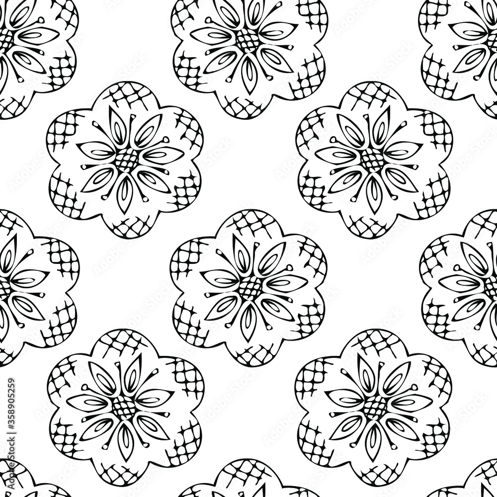 Black and white floral background. Vector seamless decorative pattern.