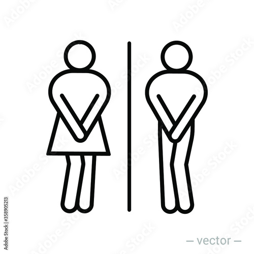 Girls and boys restroom pictograms. Funny toilet couple signing, desperate pee woman man wc icons, fun bathroom door signs, humor public washroom urgent vector line style