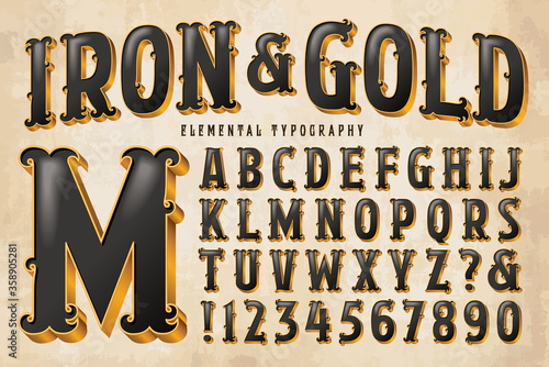 An Ornate Antique Styled Alphabet with Gilded Edges and Black Interior