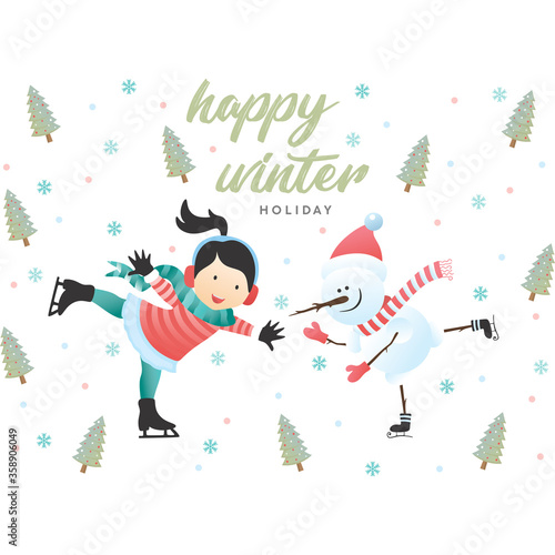 woman and snowman skating in winter holiday