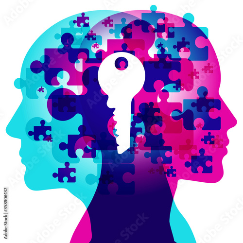 A Male and Female side silhouette profile overlaid with various blending semi-transparent jigsaw shapes. Overlaid in the centre is a solid white key.