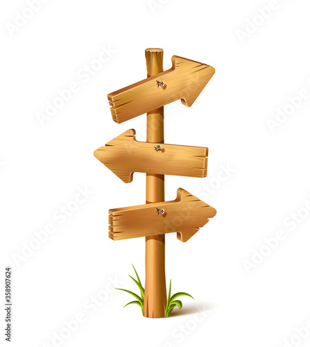 Vector cartoon wooden arrow sign with different angles showing directions, with rustic wood and nails. Isolated icon illustration on white background.