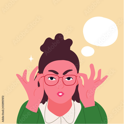 Oop! Something went wrong! Businesswoman lifting glasses frame. Flat cartoon vector illustration. Hand drawn style vector design illustrations.