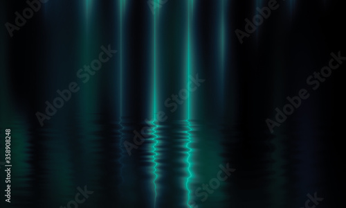 Night scene with reflection of neon light in the water. Liquid, puddles, flooding. Rays and lines in neon. Modern abstraction, night view. 3D illustration