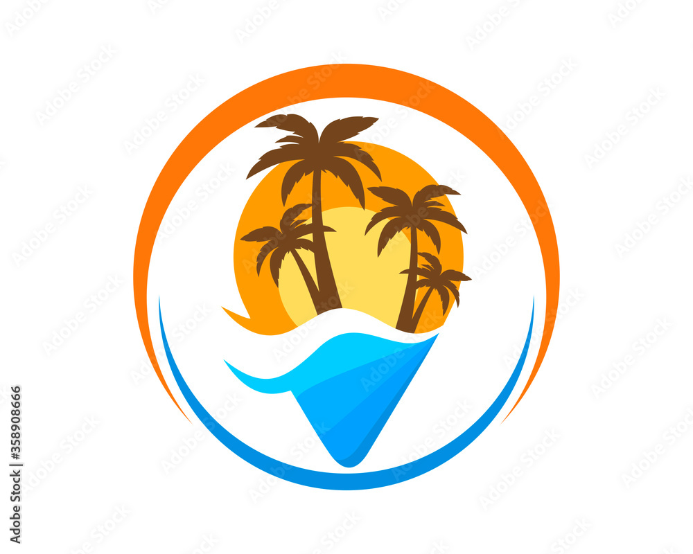 Sunset and waves with location pin shape