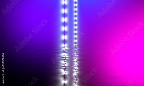 Fototapeta Naklejka Na Ścianę i Meble -  Night scene with reflection of neon light in the water. Liquid, puddles, flooding. Rays and lines in neon. Modern abstraction, night view. 3D illustration