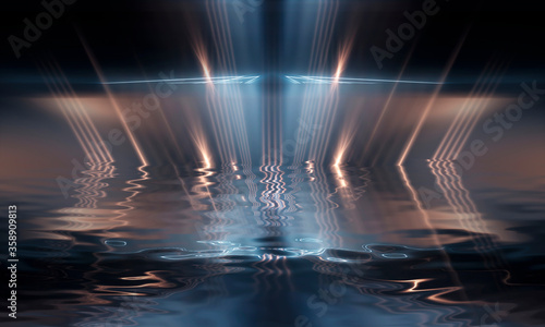 Night scene with reflection of neon light in the water. Liquid  puddles  flooding. Rays and lines in neon. Modern abstraction  night view. 3D illustration